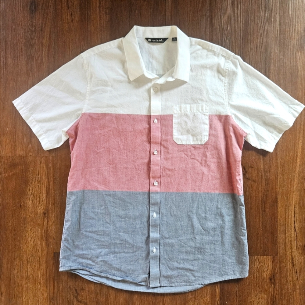 Travis Mathew Color Blocked Red/White/Blue Button Up Short Sleeve Shirt XL